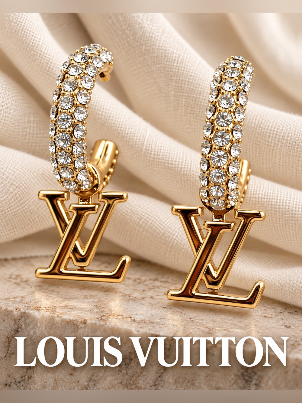 Louis Vuitton Gold Crystal Hoop Earrings with LV Signature Drop